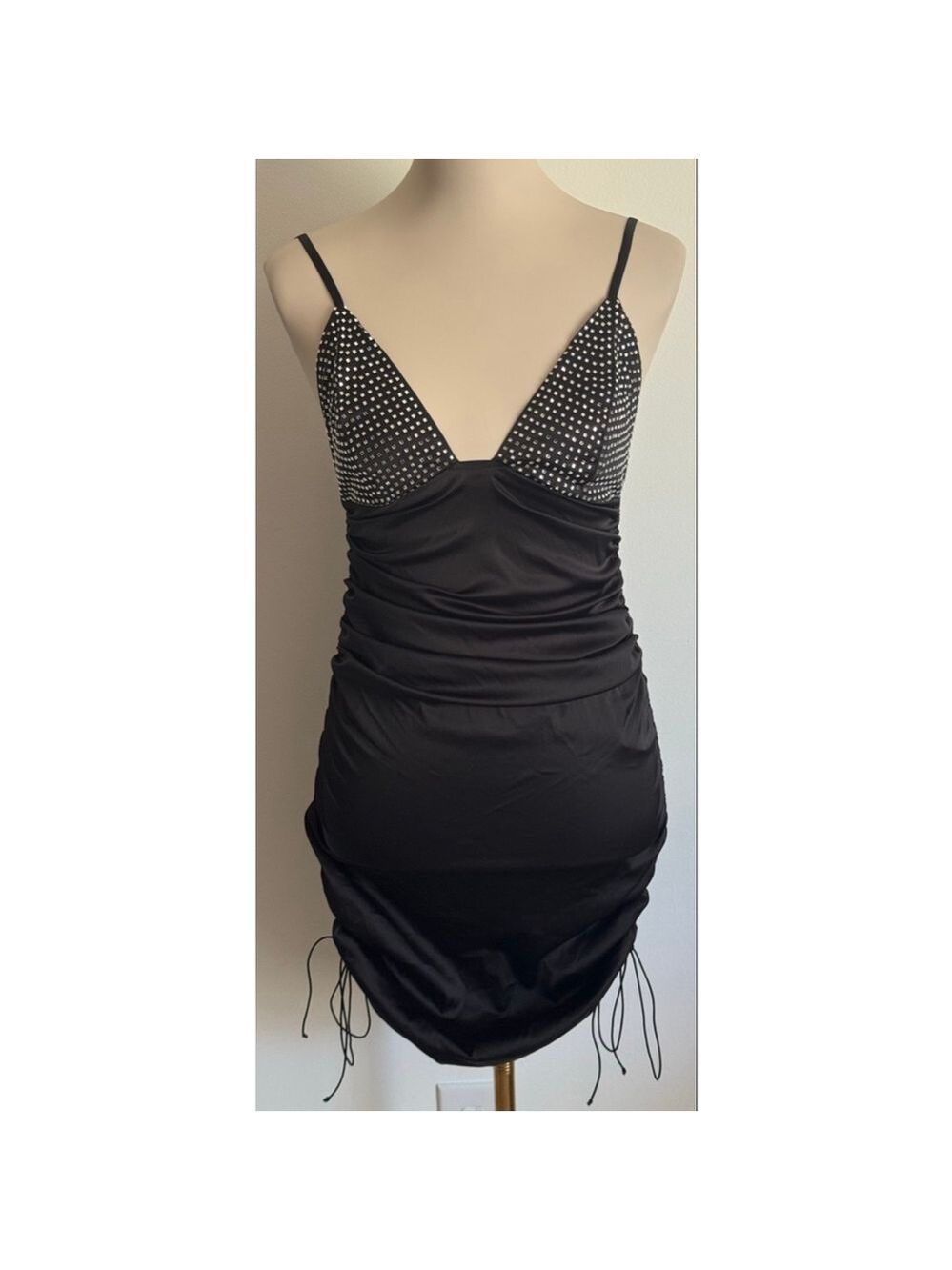 Women's For Love & Lemons Black Silver Rhinestone Ruched Mini Dress M